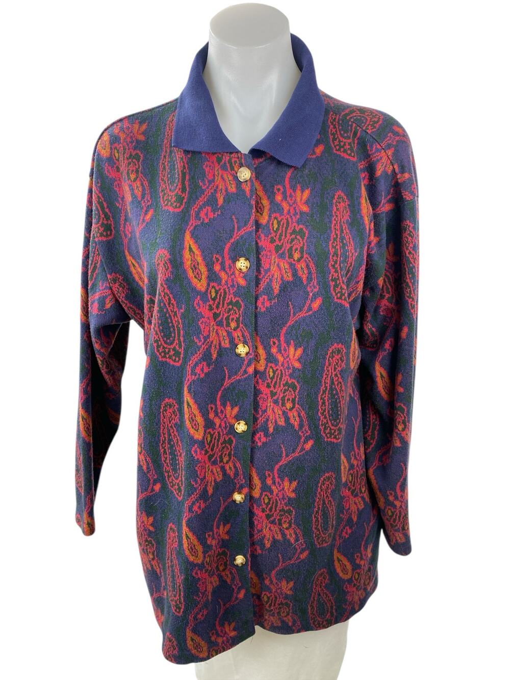 Gitano Women's Blue Red Paisley Floral Knit Long Sleeve Button Down Shirt Top S